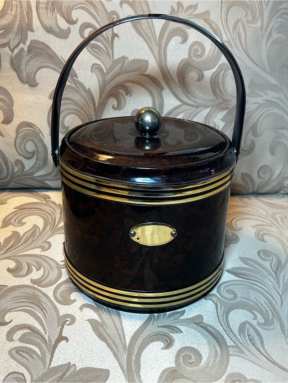 Vintage MCM Ice Bucket Brown Faux Tortoise Shell Gold-Tone Banda Bar Table Ware